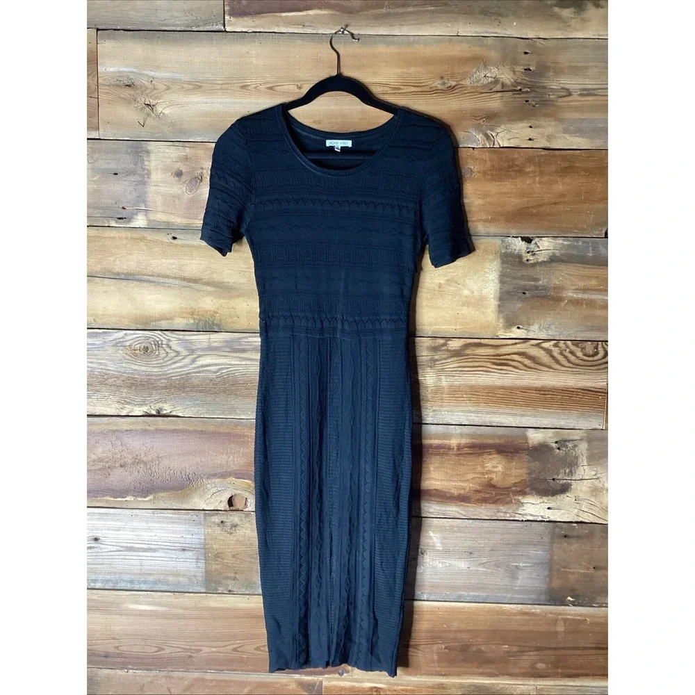 Torn by Ronny Texture Semi- Sheer Midi Dress Small Black Bodycon Short Sleeve